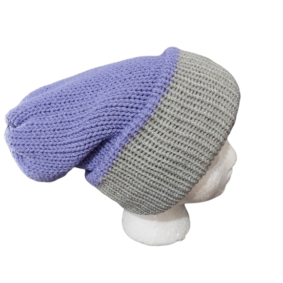 Handcrafted Reversible Knit Hat in Grey & Periwinkle - Picture 6 of 11